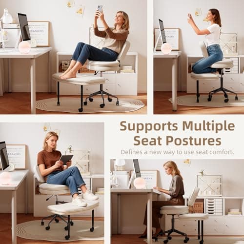 IdeaKey Ergonomic Cross Legged Chair, 360°Swivel Criss Cross Chair with Wheels, Double-Layer Upholstered Desk Chair, 31.3" Large Office Chair for Meditation and ADHD. White