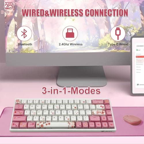 ZMX X BOYI Cherry Blossom Pink Gaming Keyboard,65% Compact 68 Keys Mini Hot Swap Tri-Mode BT/2,4G/Type-C Wireless Mechanical Keyboard with Dye-Sub PBT XDA Keycaps (Yellow Switch)