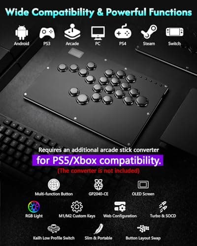 GuileKeys Leverless Controller Arcade Stick GK-21, All-Button Arcade Controller 21Keys for PS4/PS3/PC/Switch(PS5 w/Converter), Arcade Fight Stick with RGB/Turbo/Hot-Swap/Low Profile Switch Black
