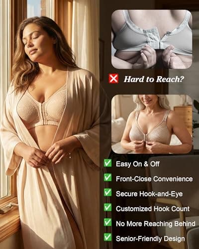 HACI Women's Front Closure Posture Bra Full Coverage Back Support Wireless Unpadded(Beige,38DDD)