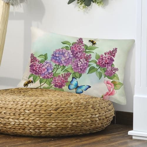 Easternproject Spring Flower Throw Pillow Covers 12x20 Inch Watercolor Floral Bloom Butterfly Bee Green Leaves Vintage Blossom Farmhouse Decorations Lumbar Pillows Cushion Case for Sofa Couch