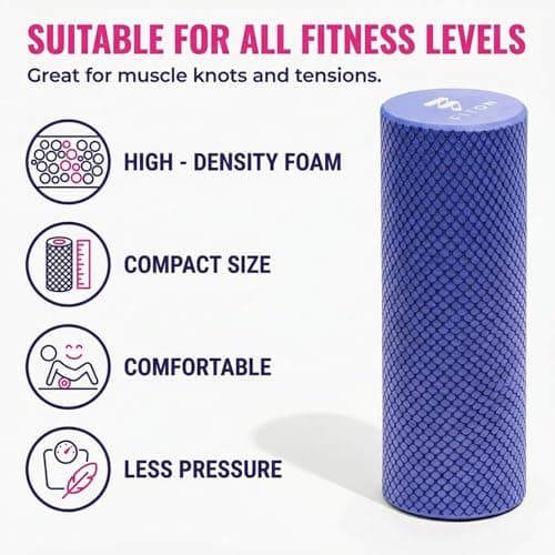 FitOn Foam Roller for Muscle Recovery - Compact and Portable, High-Density Foam Roller for Back Massage & Deep Tissue Relief and Home Exercise, Ideal for Use on Neck & Leg Soreness, 12"x4", Purple