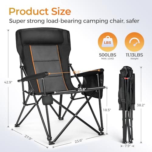 ALPHA CAMP Heavy Duty High Back Camping Chairs 500LBS Capacity Oversized Folding Chair Outdoor Chair with Headrest,Lawn with Side Pocket for Lawn, Sports and Fishing,2PC