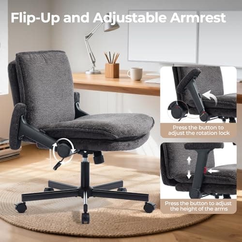 Morkprism Criss Cross Chair with Flip-Up Arms and Lockable Wheels, Plush Fabric Cross Legged Office Desk Chair,Wider 125°Tilting Adjustable Swivel Computer Chair for Home, Apartment, Bedroom,Black