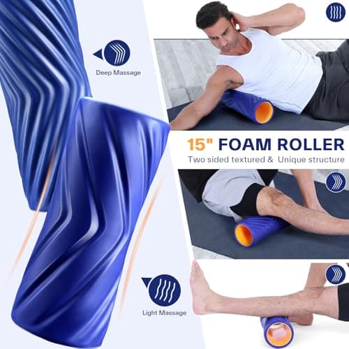 Sportneer 4 in 1 Foam Set, Muscle Relax Kit with 2 Textured Foam Pilates Rollers, Stringed Exercise Ball, Lacrosse Ball for Muscle Shoulder Back Leg Whole Body Relax Fitness Yoga, Blue