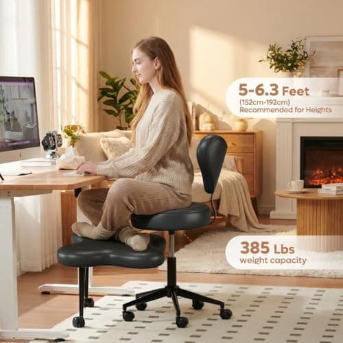 Pinmoco Cross Legged Office Chair with Wheels, Ergonomic PU Leather Criss Cross Meditation Chair for ADHD, 360° Swivel Adjustable Height Desk Chair with Lumbar Support for Home Office Yoga, Black
