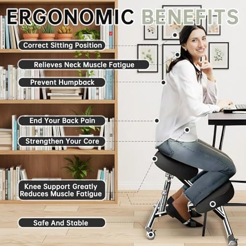 DENGTELI PU Leather Ergonomic Kneeling Chair, Adjustable Home and Office Stool with Thick Pads and Flexible Lockable Brake Wheels for Back Pain Relief (Black)