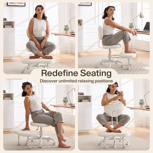 Fizzin Cross Legged Office Chair, Criss Cross Chair with Wheels Height Adjustable Seat for ADHD 360° Swivel Meditation Chair Chic Home Office Furniture (White-New)