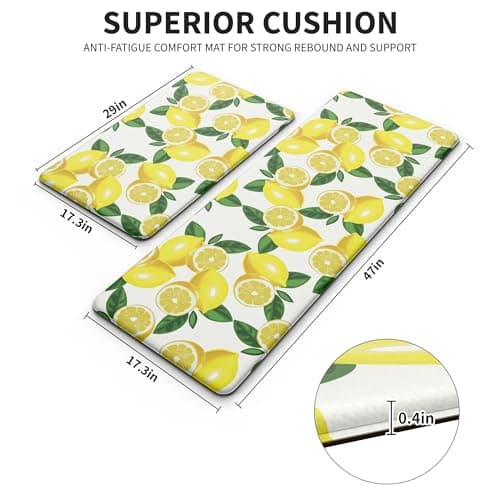 MAYHMYO Lemon Kitchen Mat Set of 2 - Anti Fatigue Mats for Kitchen Floor - Non Slip Cushioned Rugs for Standing - Lemon Decor (17.3"×29"+17.3"×47"-0.4") White