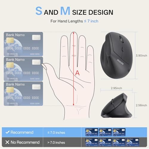 PHILIPS SPK7628 Ergonomic Mouse - Vertical Mouse with 800/1200/1600 Adjustable DPI, 6 Silent Buttons Design for S/M Hands, Auto Power Saving, Light Weight, 2.4GHz Wireless Mouse for Laptop, Desktop,PC