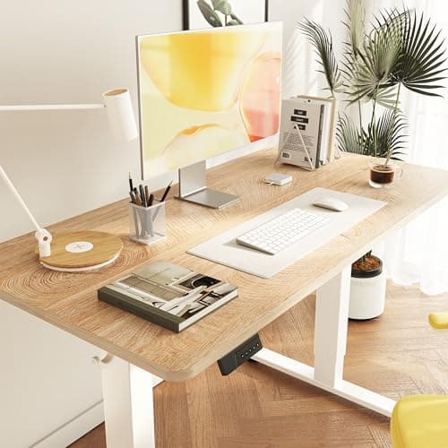 Cubiker Standing Desk, 48x24 Inches Sit Stand Home Office Desk, Electric Stand up Desk, Adjustable Desk with Splice Board, White Frame/Maple Top