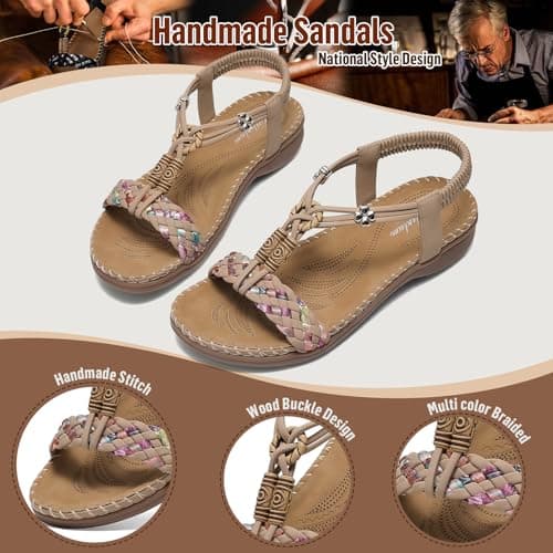 Littleplum Women Sandals Arch Support Handmade Bohemian Braided Flat Sandals Comfort Walking Beach Ankle Elastic Summer Shoes Apricot Size 8