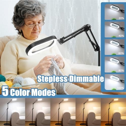 IVMAIE 12X Magnifying Glass with Light and Stand, Real Glass Lens, 5 Color Modes LED Dimmable Lighted, 3-in-1 Floor Lamp with Clamp, Hands Free Magnifier for Reading, Craft Sewing Painting Close Work