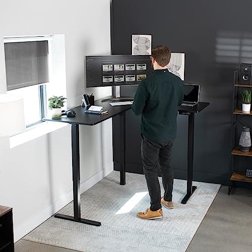 VIVO Corner Standing Desk, 63 x 55 inch Reversible L-Shaped Workstation, Electric Height Adjustment, Home, Office, and Reception Rooms, Black Table Top Black Frame, DESK-E3CTB