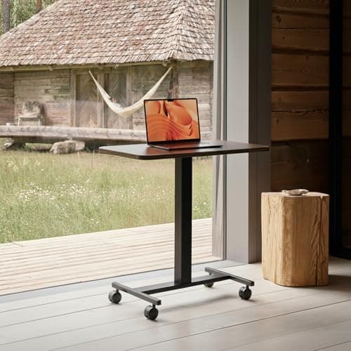 HUANUO Small Rolling Laptop Standing Desk, Height Adjustable Mobile T-Base Desk with Lockable Casters, Portable Sit-Stand Workstation for Bedside & Sofa, Walnut