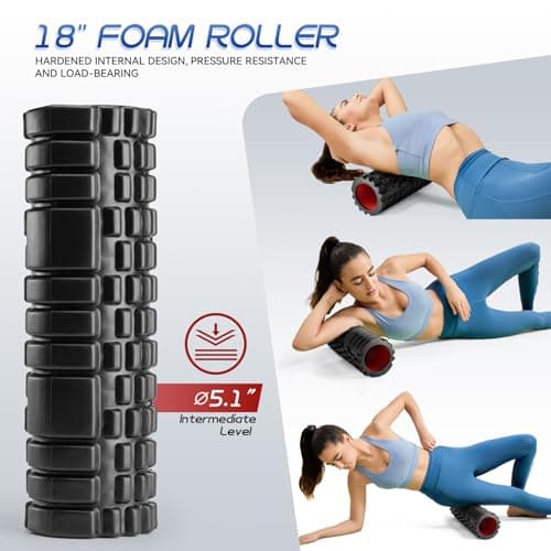 Krightlink 5-in-1 Foam Roller Set, Massage Roller Stick, Massage Ball, Resistance Band for Deep Muscle Massage, Trigger Point Release, Pilates, Yoga (Black-18(2 in 1))