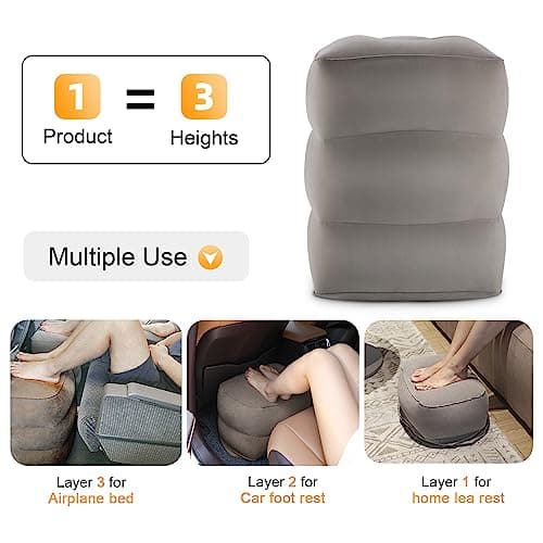 Maliton Inflatable Travel Foot Rest Pillow, Kids Airplane Bed, Adjustable Height Leg Pillow for Air Travel, Make a Flat Bed for Kids and Toddlers, Great for Airplane, Train, car（Grey, 1 Pack）