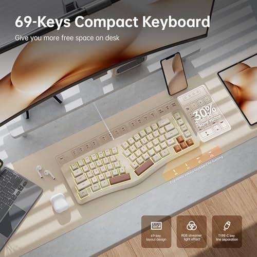 7KEYS Wired Ergonomic Keyboard, Compact Mini Split Keyboard 69 Keys, 14+ RGB Backlight, Detachable USB Type-C Cable, Natural and Comfortable Typing for Desktop PC Laptop Windows MAC (Retro Beige)