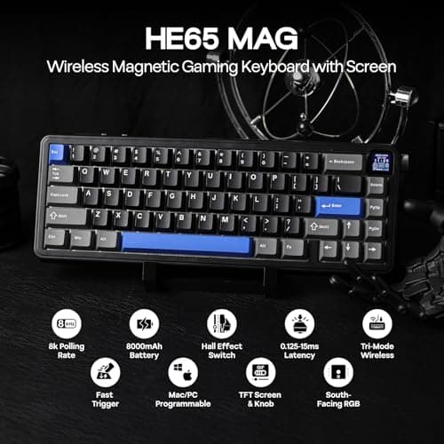 EPOMAKER HE65 Mag Wireless Magnetic Keyboard with Knob and Screen, 8K Polling Rate in 2.4Ghz and Wired, Actuation-Adjustable Hall Effect Switch, 8000mAh Battery, Creamy Gasket-Mount (Black)