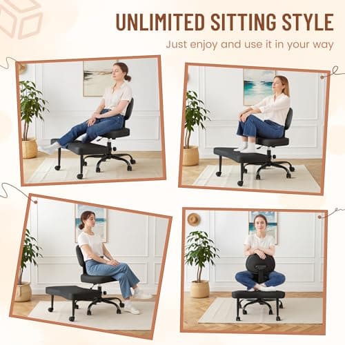 Homall Ergonomic Cross Legged Office Desk Chair with Wheels, 360° Swivel and Adjustable Height for Meditation and ADHD,Criss Cross Kneeling Chair with Lumbar Support (Leather, Black)