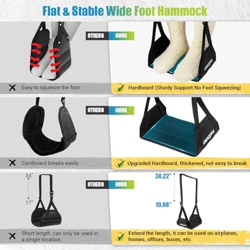2-Pack Foot Hammock for Plane Travel, No Collapse Thickened Bamboo Airplane Foot Rest with Extended Adjustment Strap, Portable Desk Foot Hammock to Relax Your Feet, Foot Sling Travel Essentials(Black)