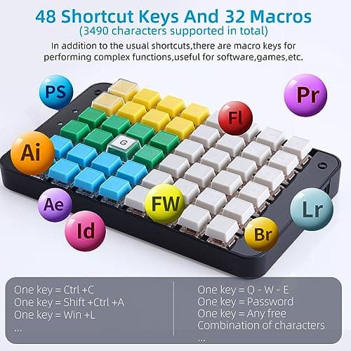 Koolertron One Handed Macro Mechanical Gaming Keyboard, Fully Programmable Mini Keypad, 48-Key Mini USB Macro Keyboard with Blank Keycaps, for Gamers/Cashier/Designers/Video Editors