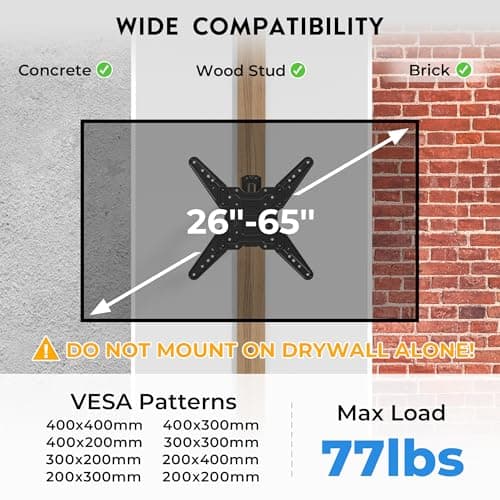 BONTEC TV Wall Mount for 26–65 Inch Flat and Curved Screens with 37.4 Inch Long Extension, Full Motion Swivel Design, Heavy Duty Bracket for Corner or Monitor Setup, Max VESA 400x400, Holds 77 lbs