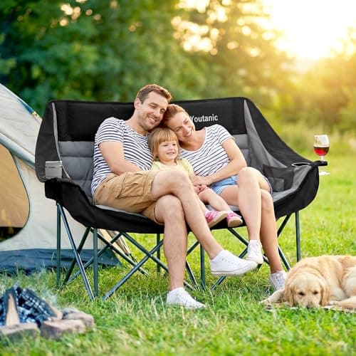 Youtanic Oversized Double Camping Chair, Folding Loveseat Camping Couch with Pocket, Cup Holder and Carry Bag, Heavy Duty Portable Camping Chairs for Adults, Fishing, Sports, Trip, up to 660lbs, Black
