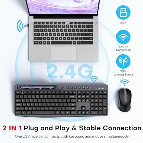 Wireless Keyboard and Mouse Combo, 2.4G Full Size Silent Keyboard with Phone Holder Slot, 3 Level DPI＆Quiet Click Mouse, OMOTON Ergonomic Cordless Keyboard Mice for Computer/Laptop/Windows (BlackGrey)