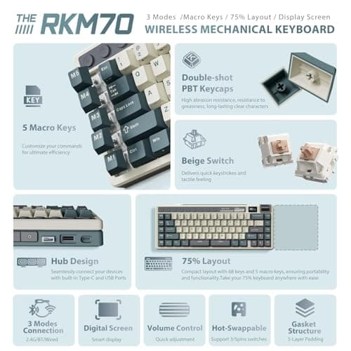 RK ROYAL KLUDGE M70 Wireless Mechanical Keyboard with Macro Keys 2.4GHz/Bluetooth/Wired 75% Gaming Keyboard with 6000mAh Battery Gasket-Mount Display & Knob RGB Hot-Swappable Soft Tactile Beige Switch