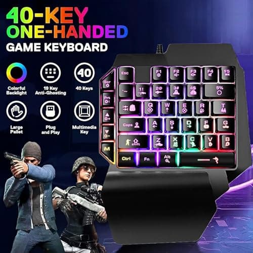 Guiheng Wired One Handed Gaming Keyboard Rainbow LED Backlit 39 Keys Portable Mini Gaming Keypad Ergonomic Game Controller for PC Gamer-Black