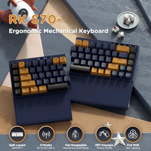 RK ROYAL KLUDGE RKS70 Ergonomic Split Keyboard, Wireless PC Gaming Keyboard with Bluetooth/2.4G/Wired, Hot Swappable Mechanical Keyboards w/Fixed Wrist Rest, PBT Keycaps, Tactile Switches, Black
