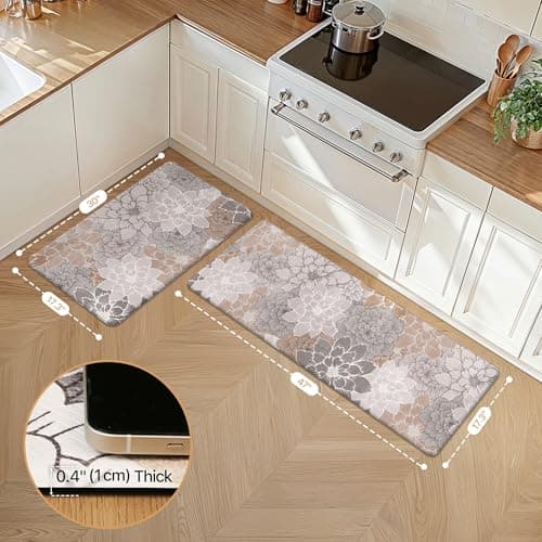 GENIMO Kitchen Mats for Floor, Kitchen Rugs Non Slip Washable Sets of 2, Waterproof Cushioned Anti Fatigue Mat, Floral Runner Rug for Laundry, Sink, Office, Home, 17.3"x47"+17.3"x30", Taupe Grey