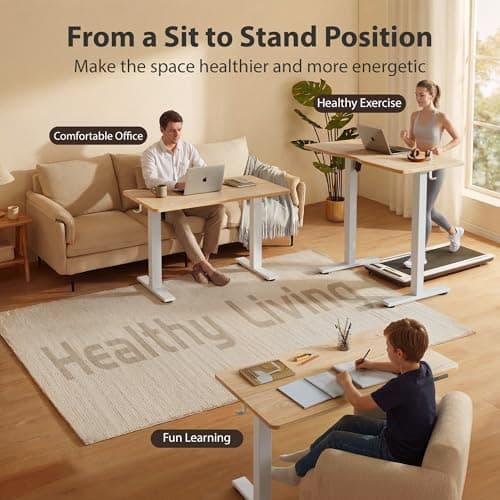 Cubiker Standing Desk, 48x24 Inches Sit Stand Home Office Desk, Electric Stand up Desk, Adjustable Desk with Splice Board, White Frame/Maple Top