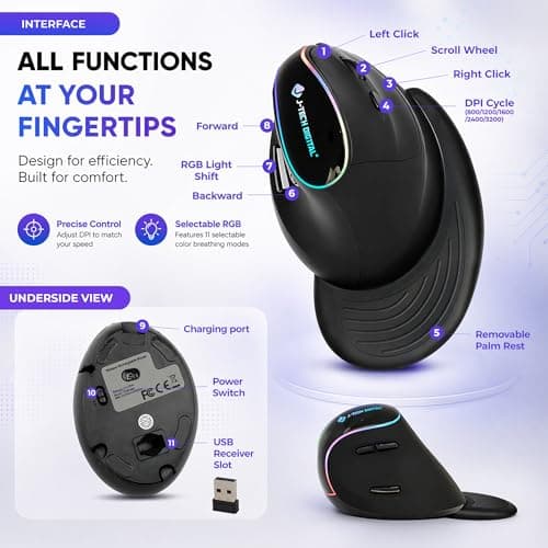 J-Tech Digital Ergonomic Mouse with Wireless Connection, Removable Palm Rest, Thumb Buttons, Rechargeable Battery, 800 DPI, Compatible with Windows and MAC OS