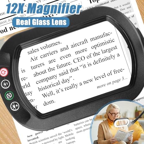 IVMAIE 12X Magnifying Glass with Light and Stand, Real Glass Lens, 5 Color Modes LED Dimmable Lighted, 3-in-1 Floor Lamp with Clamp, Hands Free Magnifier for Reading, Craft Sewing Painting Close Work