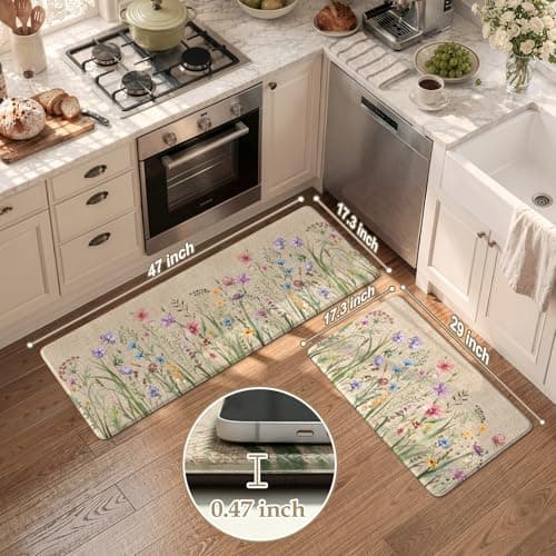 KIMODE Anti Fatigue Kitchen Mat, 17"x47"+17"x29" Floral Kitchen Rugs Sets of 2, Farmhouse Kitchen Floor Mats Non-Slip Cushioned, Comfort Standing Desk Mat for Sink, Laundry,Home Brown