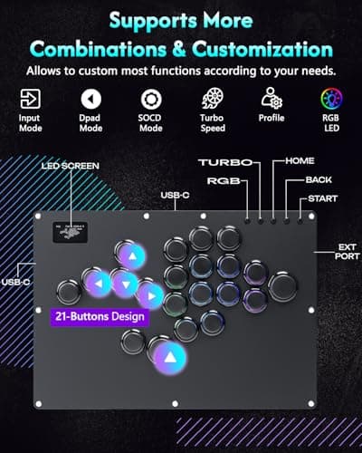 GuileKeys Leverless Controller Arcade Stick GK-21, All-Button Arcade Controller 21Keys for PS4/PS3/PC/Switch(PS5 w/Converter), Arcade Fight Stick with RGB/Turbo/Hot-Swap/Low Profile Switch Black