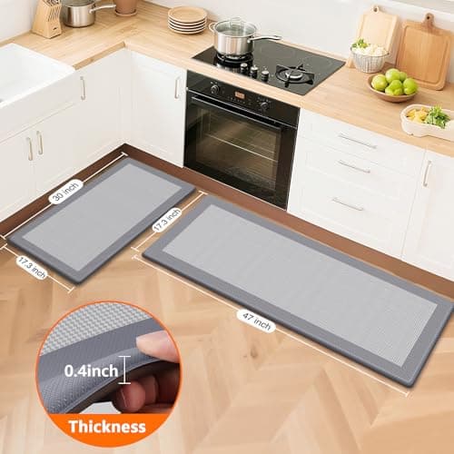 SofterCharm Kitchen Mats, 2PCS Kitchen Rugs for Floor, Cushioned Anti-Fatigue Mats for Kitchen Floor, Non-Slip Standing Desk Mat for Sink, Home, Laundry & Office, 17.3"x30"+17.3"x47" (Grey)