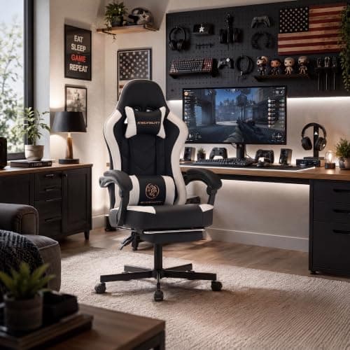 Kslysuty Desk Computer Gaming Chair - High Back Ergonomic Office Chair with Footrest and Lumbar Support, Swivel Comfy Home Gamer Video Game Chairs with Pocket Spring Cushion for Adults (White Leather)
