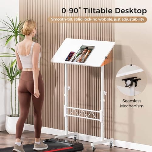 COMHOMA Standing Desk Adjustable Height & Tiltable Tabletop, Portable Stand Up Desk for Laptop, Mobile Folding Desk for Home Office Work and Walking Pad Treadmill, Height 30.7"-46.4", White
