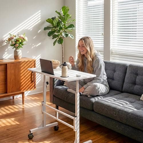 Furmax Small Portable Standing Desk Adjustable Height, Mobile Stand Laptop Computer Workstation with Lockable Wheels for Walking Pad Treadmill (White)
