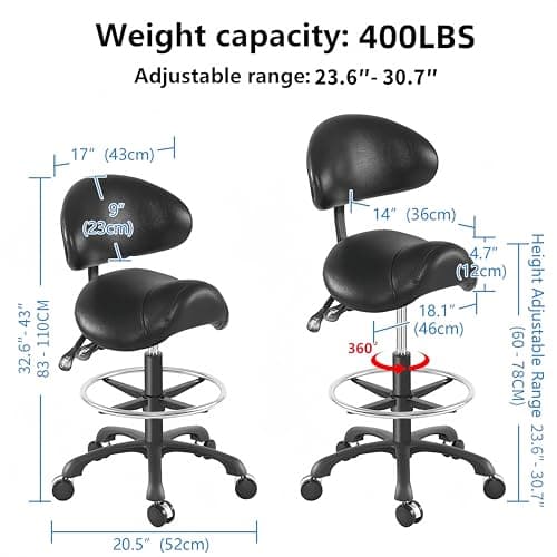 Ergonomic Adjustable Drafting Chair with Oversized Saddle Seat, Heavy-Duty Esthetician Stool for Salon Office Workshop Stool, Smooth Casters for Hard Soft Floors(with Backrest/Footrest,Black)