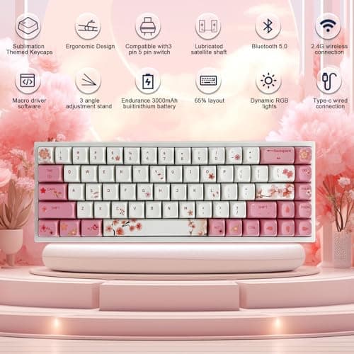 ZMX X BOYI Cherry Blossom Pink Gaming Keyboard,65% Compact 68 Keys Mini Hot Swap Tri-Mode BT/2,4G/Type-C Wireless Mechanical Keyboard with Dye-Sub PBT XDA Keycaps (Yellow Switch)