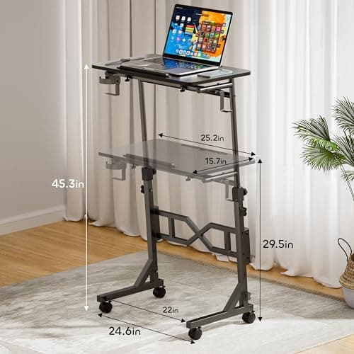 Oransail Small Standing Desk with Wheels, 29.5-45.3 Inch Adjustable Height, Portable Treadmill Desk, Rolling Computer Table for Walking Pad with a Cup Holder and a Hook