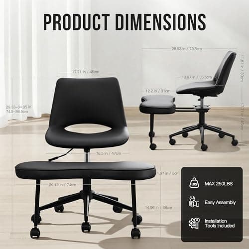 Ergonomic Cross Legged Office Chair with Wheels, 360° Swivel ADHD Chairs for Adults, Height Adjustable Seat for Meditation, Yoga - Wide Criss Cross Chair with Lumbar Support, Kneeling Chair, Black