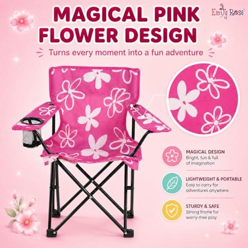 Emily Rose Kids Pink Folding Beach Camp Chair with Cup Holder Safety Lock & Carry Case - Toddler Girls Chair Ages 2-7 Indoor Outdoor Lightweight Portable - Floral Design 125lb Capacity
