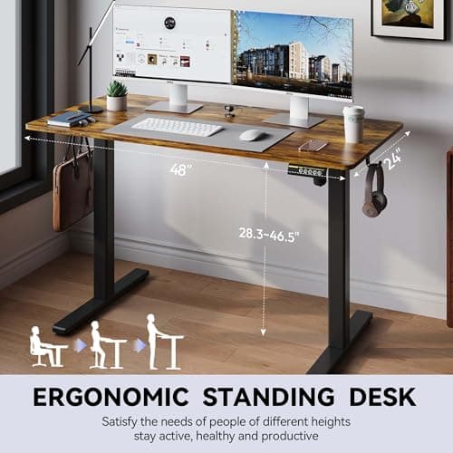 Gamork Electric Standing Desk,48x24 Inches Adjustable Height Stand up Desk, Sit Stand Home Office Desk with Splice Board, 3 Preset Heights,Equipped with Hooks,Ergonomic Computer Workstation，Brown