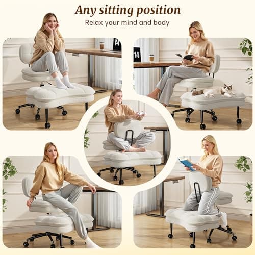 DurayLoly Ergonomic Office Chair, 360° Swivel Meditation Chair with Wheels, Height Adjustable Office Chair with Foot Rest for ADHD, Thicken Cushion & Backrest, Teddy Fabric, Off-White
