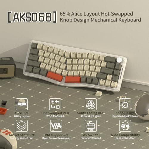 ATTACK SHARK AKS068 Wired Mechanical Gaming Keyboard 65% Alice Layout Hot-swapped Gasket Mount with RGB Backlit VIA Programmable Knob NKRO TKL AS Pre-lubed Linear Red Switch for Win/Mac(Gray)